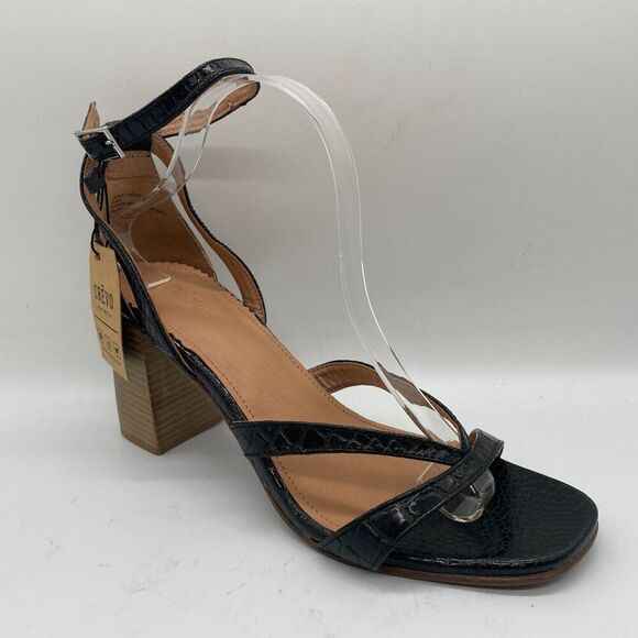 Crevo Kaitlin Black Croc Leather Block Heel Sandals Open Toe Sz 9.5 Memory Foam - Picture 2 of 14